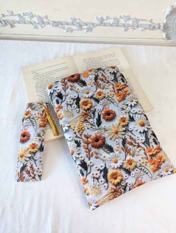 Housse ,protège livre format broché ,motif des Fleurs 3D avec Marque Page assorti