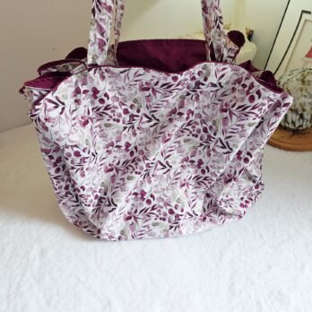 Grand sac fourre tout en tissu coton doublé, feuilles eucalyptus / mauve