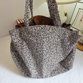 Grand sac fourre tout en tissu coton doublé, léopard